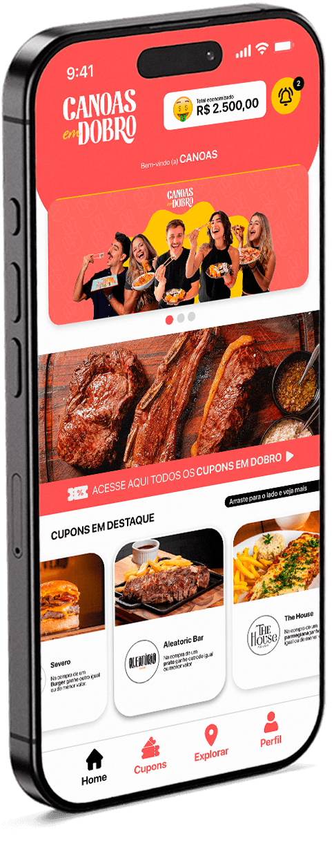 App Canoas em Dobro: tela inicial, mapa interativo e lista de cupons